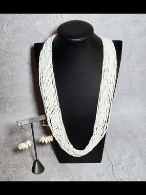 White Multi-Strand Seed Bead Necklace with Earrings